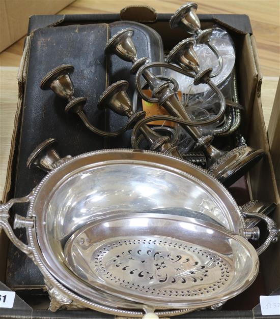 A quantity of plated wares including two carving sets and a breakfast tureen